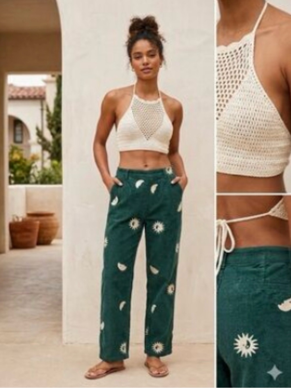 Urban Outfitters Green Corduroy Drawstring Star Moon Beach pants small unisex